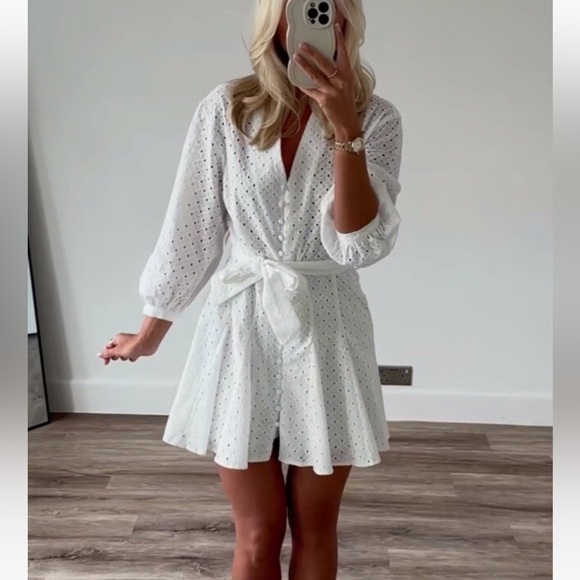 ZARA SHORT DRESS WITH OPENWORK EMBROIDERY WHITE - Picture 4 of 16